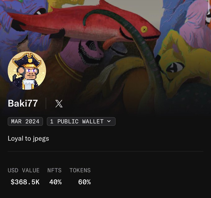 This image shows a profile card for "Baki77" with a Mar 2024 join date, displaying a portfolio worth $368.5K split between 40% NFTs and 60% tokens, with the bio "Loyal to jpegs" set against a colorful illustration background.

**Warning:** The accompanying post asking users to share their wallet "phrase" (private key/seed phrase) is a classic cryptocurrency phishing scam. Legitimate platforms will never ask for your seed phrase, and sharing it gives attackers complete control over your wallet and funds. Do not respond to such requests.