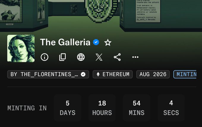 The image shows an OpenSea listing for "The Galleria," a verified NFT collection on Ethereum launching August 2026, displayed with a minting countdown timer showing 5 days, 18 hours, 54 minutes, and 4 seconds remaining, created by The_Florentines with a classic Renaissance-style portrait as the collection's profile image.