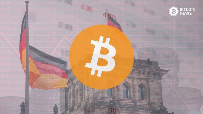 A Bitcoin News graphic featuring the Bitcoin logo overlaid on a German flag and the Reichstag building, set against a backdrop of stock ticker numbers, illustrating Germany's proposed move to tax post-2026 Bitcoin holdings at the 25% Abgeltungsteuer flat tax rate used on stocks.