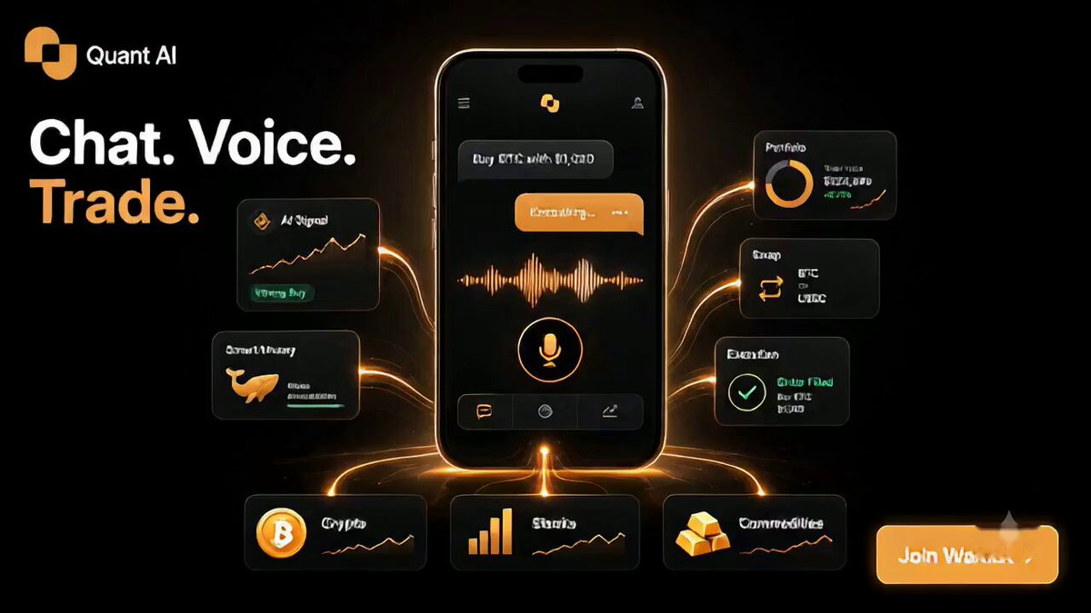 "Quant AI" is written above an image of a smartphone displaying various pieces of information about chat voice, trade, and voice commands. The text in the image suggests that this phone has features that facilitate trading activities by enabling users to communicate through their voices or speech. The post mentions an app called "Quant AI" for trading crypto, stocks, and commodities using chat voice commands; it could be used as a tool to streamline the process of trading signals, smart money management, and portfolio tracking.