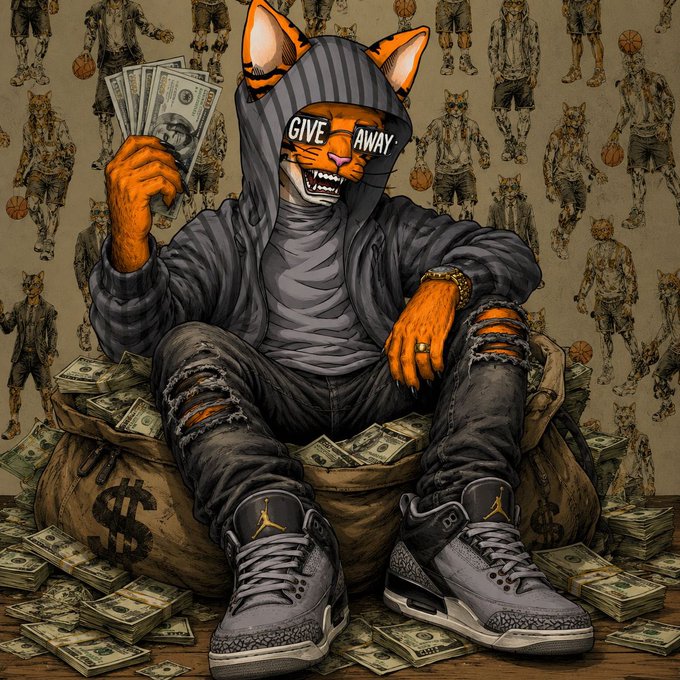 The image depicts an anthropomorphic orange cat wearing sunglasses labeled "GIVE AWAY," a striped hoodie, ripped jeans, and Jordan sneakers, sitting amidst piles of cash and money bags marked with dollar signs. The scene aligns with the post's "giveaway" promotion, where the cat proudly displays fanned-out hundred-dollar bills, symbolizing the cash prizes being offered to 4 random winners who drop their $SOL wallets.