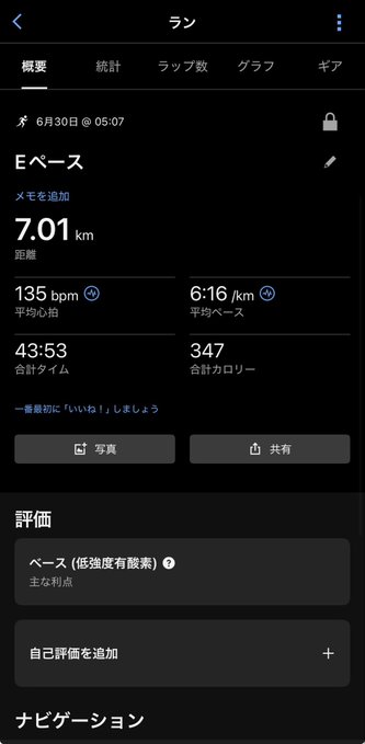 Garmin Connect run summary in Japanese showing an Eペース (Easy pace) run on 6月30日 (June 30) at 05:07, with a distance of 7.01 km, average heart rate 135 bpm, average pace 6:16/km, total time 43:53, and 347 calories.