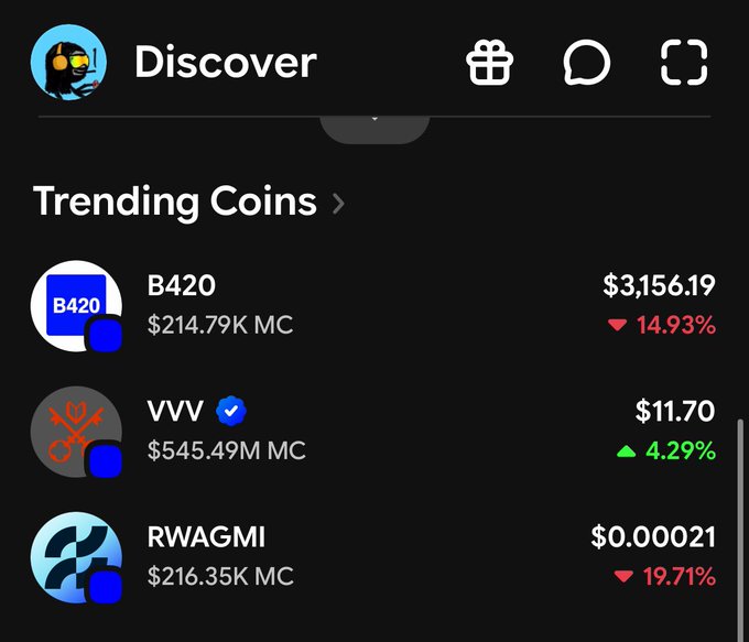 A mobile app screen titled "Discover" showing a "Trending Coins" section with B420 listed at $3,156.19 (down 14.93%, $214.79K MC), VVV at $11.70 (up 4.29%, $545.49M MC), and RWAGMI at $0.00021 (down 19.71%, $216.35K MC), highlighting B420's prominent placement among trending tokens despite its recent dip—suggesting the post's bullish sentiment on B420's potential recovery.