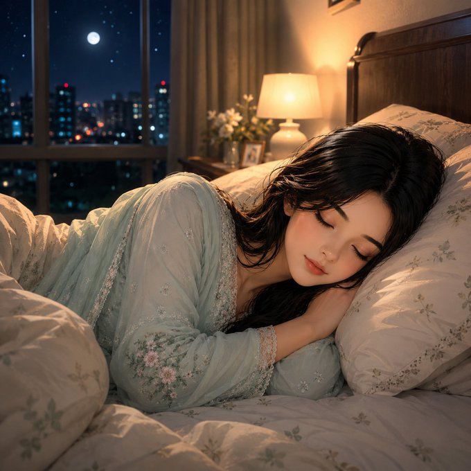 An AI-generated image of a young woman with long dark hair sleeping peacefully in a bed, wearing a light blue floral robe, with a lamp and night window view showing a city skyline and full moon in the background.
