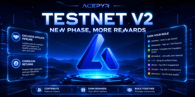 The image is a promotional graphic for "ACEPYR TESTNET V2" featuring the headline "NEW PHASE, MORE REWARDS" alongside a glowing blue triangular logo. It highlights three contributor pathways—Exclusive Affiliate Pipeline, Consortium Returns, and various tiered roles (Verify, AcePyr, Divested, Consullum, IDG, R Favor, RFactor, Acemova)—each tied to specific engagement milestones like polls, polls completions, and Discord activity, directly reinforcing the post's message about structured participation pathways.