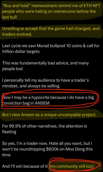 A screenshot of crypto commentary text discussing memecoin trading strategies, with circled highlights on phrases 'I do have a big conviction bag in ANSEM' and 'my community will too'.
