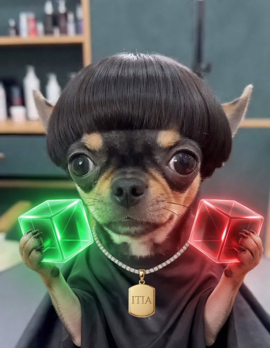 A small dog with black hair wearing a black cape and gold jewelry is posing for a picture next to a barber chair that has neon green blocks. The image suggests an interesting connection between this dog's appearance, represented by its name tag, and the concept of "Green days are coming". This may hint at a futuristic theme or a story related to the barber shop depicted in the photo.