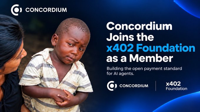 A promotional graphic announcing 'Concordium Joins the x402 Foundation as a Member' with the tagline 'Building the open payment standard for AI agents,' featuring an image of a child on the left.