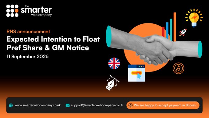 The image is a graphic from Smarter Web Company announcing their intention to float preferred shares and a GM Notice dated 11 September 2026, featuring a handshake, Bitcoin symbol, UK flag, and website details, aligning with the post's announcement about their new "MORE" preferred stock ticker offering cumulative variable rate weekly preferential returns.