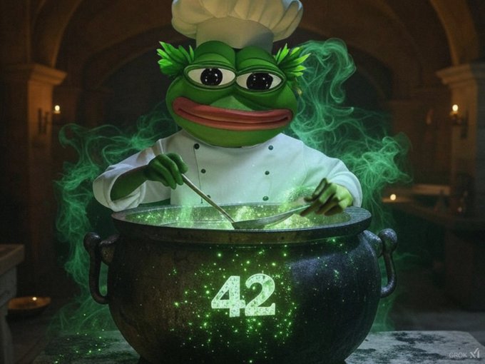 A Pepe the Frog character dressed as a chef stirring a bubbling green cauldron with the number '42' glowing on it.