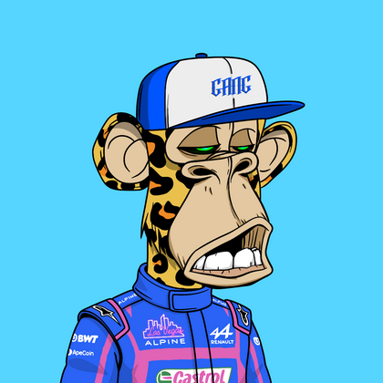 A cartoon-style Bored Ape NFT character wearing a blue and white cap and racing suit with sponsor logos including Castrol and Alpine.