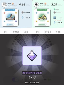 The image depicts a video game with two different games being shown, one for superwalk and another for resilience gem. The game for superwalk is being played by a person wearing blue sneakers that have "Step" written on them. The game for resilience gem features a purple gemstone with the word "resilience" printed on it in black letters. The image also contains a title at the bottom, which reads "superwalk", and another caption that says "おろちらへなくらい".