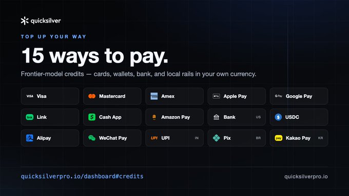 A promotional graphic for Quicksilver displaying 'TOP UP YOUR WAY' and '15 ways to pay' with payment method options including Visa, Mastercard, Amex, Apple Pay, Google Pay, Link, Cash App, Amazon Pay, Bank, USDC, Alipay, WeChat Pay, UPI (IN), Pix (BR), and KakaoPay (KR), directing to quicksilverpro.io/dashboard#credits.