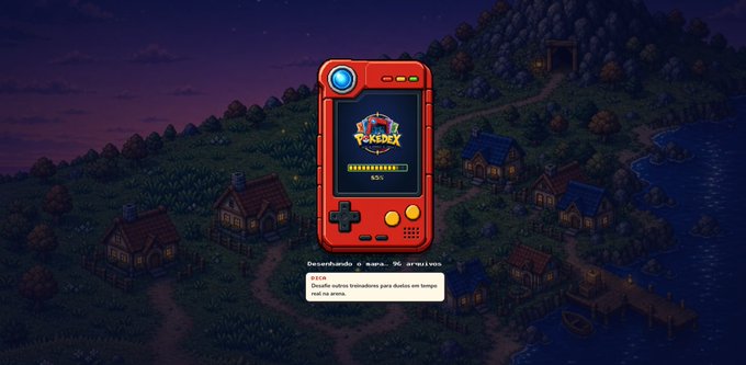A pixel-art game screen displays a Pokedex device overlay showing the POKEDEX logo at 96 archives, with Spanish text 'Desenchufando la misma...' from JESSI below, set against a dark village by the sea.