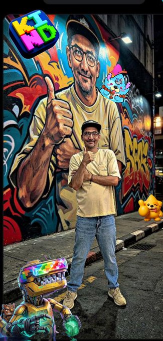 The image features a man standing next to a colorful graffiti wall, posing for a photo with his arms up. The graffiti art includes various characters such as a dinosaur, a bird, and a fish. There are also two small orange objects placed on the ground near the man's feet. The post accompanying this image is titled "Happy start to the week May be filled with the best energy perseverance and great success in every goal you set for yourself" and includes several social media handles like "@Kind_HQ @KanstarWorld @AngryDynomites @Ronin_Network #RoninMondaySelfie".