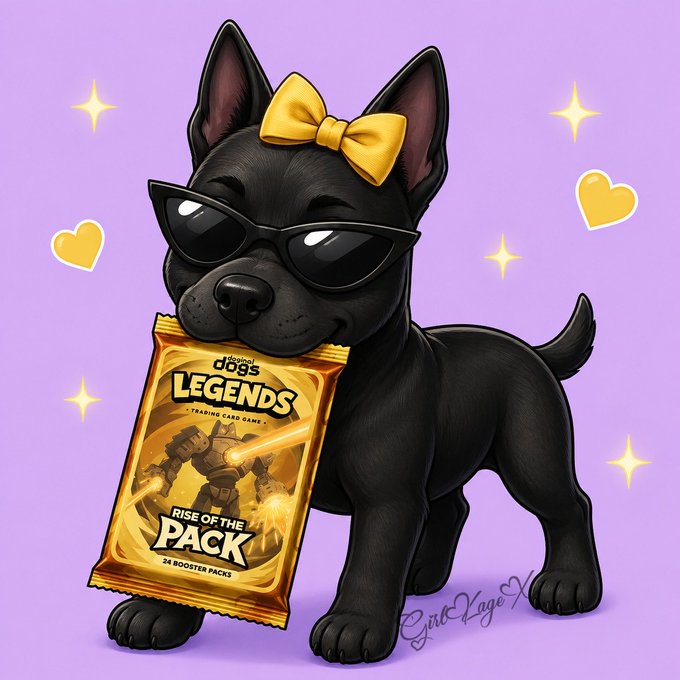 An illustration of a black French Bulldog wearing sunglasses and a yellow bow tie holds a gold pack labeled 'LEGENDS RISE OF THE PACK' against a purple background with hearts and sparkles.