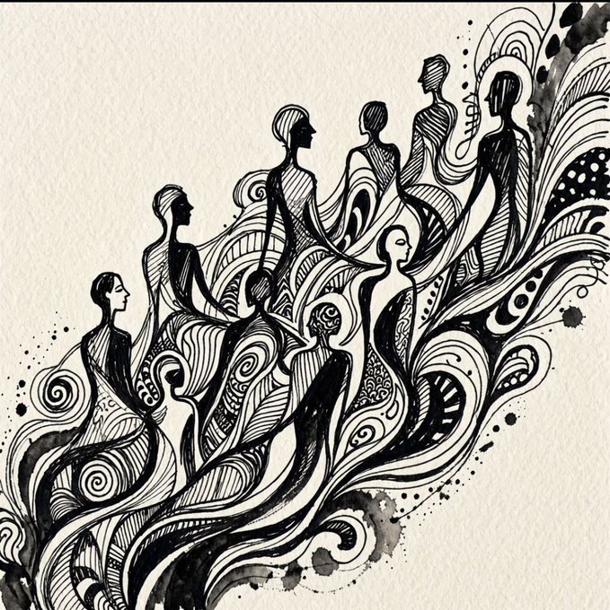 A black and white ink illustration of multiple stylized female figures flowing together in swirling patterns.