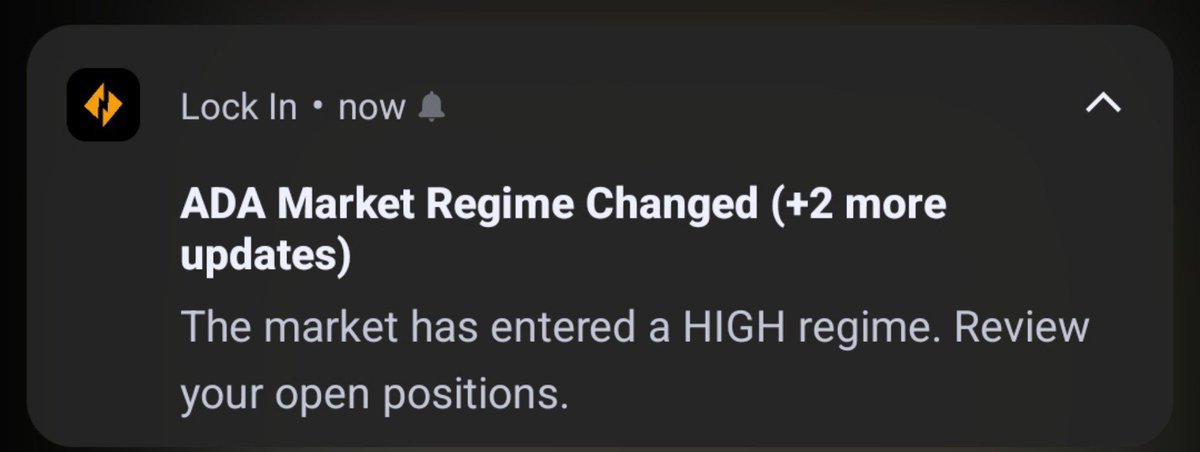 A notification card from 'Lock In' stating 'ADA Market Regime Changed (+2 more updates)' with the message 'The market has entered a HIGH regime. Review your open positions.'