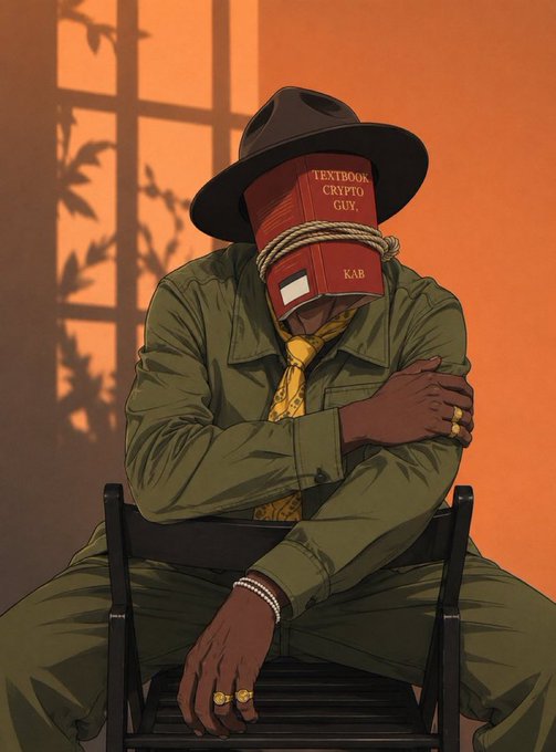 A stylized illustration depicts a person in a green suit and fedora with a red 'TEXTBOOK CRYPTO GUY' book covering their face, sitting on a chair.