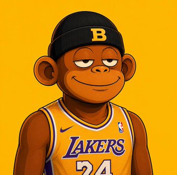 A cartoon illustration of a smiling monkey wearing a black beanie with a yellow 'B' and a yellow Lakers jersey with the number 24.