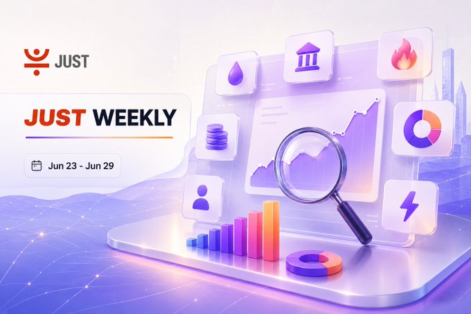 A promotional graphic for "JUST WEEKLY" dated June 23 - June 29, featuring 3D illustrations of financial icons (charts, magnifying glass, coins) that visually represent the TRON DeFi ecosystem's weekly performance metrics outlined in the accompanying post.