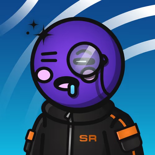 An illustration depicts a purple Among Us-style character wearing a black jacket with 'SR' written in orange, drooling and looking dazed while sporting a monocle, set against a blue swirling background.
