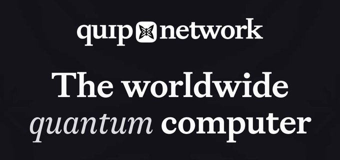 A minimalist black and white logo and slogan for 'quip network', reading 'The worldwide quantum computer'.