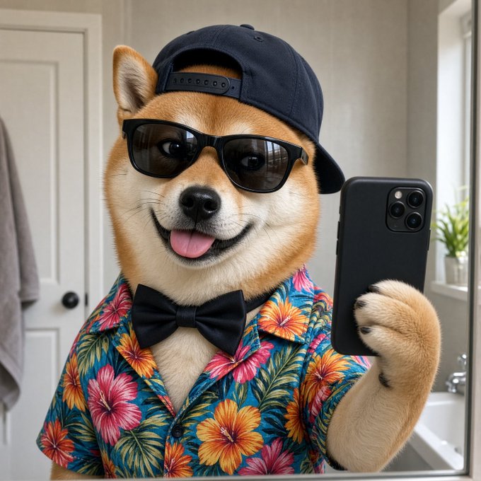 A Shiba Inu dog takes a mirror selfie wearing a backward navy baseball cap, black sunglasses, a black bowtie, and a vibrant tropical floral Hawaiian shirt while holding a smartphone.
