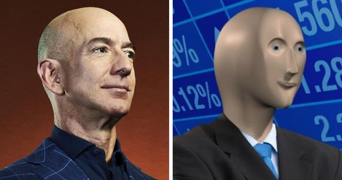 A side-by-side comparison showing Jeff Bezos on the left and a faceless mannequin-like figure in a suit on the right, with stock market percentages displayed in the background.