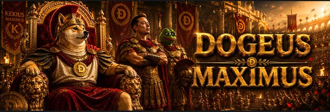 The image features a banner promoting an online game called "DOGEUS MAXIMUS". It has a graphic design of a cat wearing a crown, standing on a throne-like platform with a mannequin dressed as King George III seated next to him. This visual representation captures the attention and interest of potential players who are looking for a gaming experience related to history or adventure. The post emphasizes that the game offers exciting challenges and opportunities for those seeking an engaging experience in the online community, where they can work together with others on hunting for the next 100x opportunity. The design and layout of the image effectively convey these aspects, making it more appealing to potential players who enjoy such games.