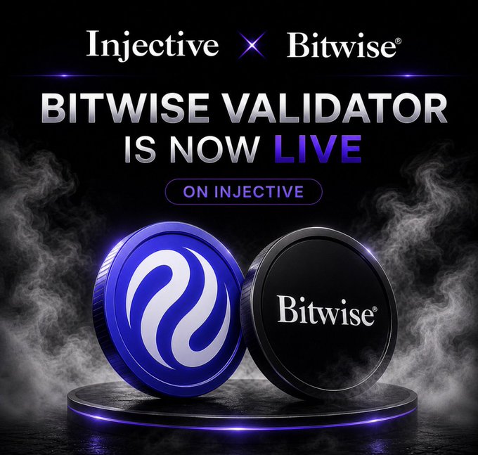 A promotional graphic announcing 'Injective X Bitwise' partnership with bold text 'BITWISE VALIDATOR IS NOW LIVE ON INJECTIVE', featuring two 3D coins — a blue Injective coin and a black Bitwise coin — displayed on a smoky podium.