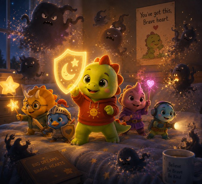 A whimsical digital illustration shows a green dinosaur-like character holding a glowing star shield alongside four smaller animal friends on a bed, fighting off shadowy creatures, with signs reading "You've got this, Brave heart" and "Believe Be Brave Be Kind".