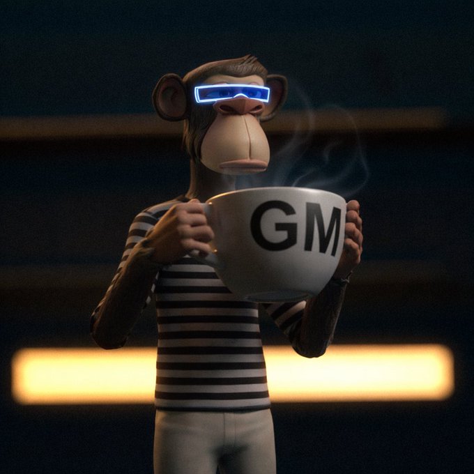 A 3D-rendered monkey character wearing blue LED sunglasses and a striped shirt, holding a steaming white coffee mug labeled 'GM' in a dark setting.
