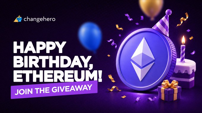 A promotional banner from ChangeHero celebrating 'HAPPY BIRTHDAY, ETHEREUM!' with a 'JOIN THE GIVEAWAY' call to action, featuring a purple Ethereum coin and a birthday cake.