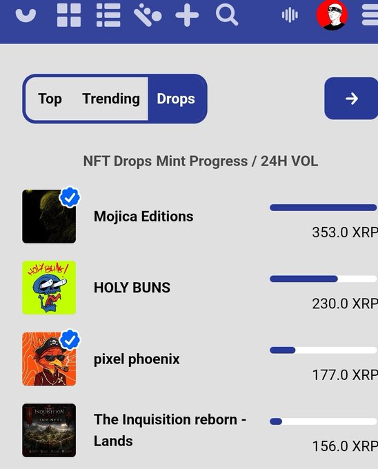 A mobile app interface showing NFT Drops Mint Progress with entries for 'Mojica Editions' (353.0 XRP), 'HOLY BUNS' (230.0 XRP), 'pixel phoenix' (177.0 XRP), and 'The Inquisition reborn - Lands' (156.0 XRP).