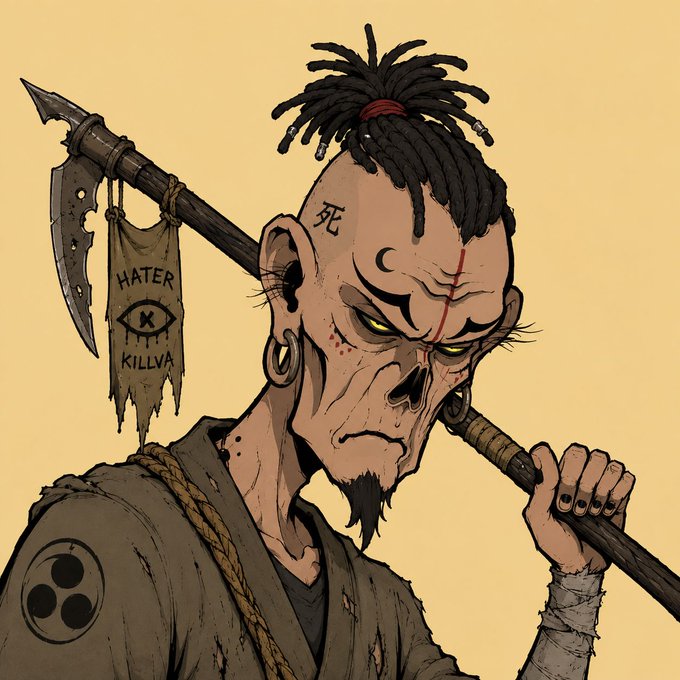 A fierce warrior with dreadlocks, skull-like face paint, and a scar holds a scythe-like weapon draped with a tattered cloth reading "HATER KILLVA," alongside Japanese characters "死" (death) and a "K" emblem on his robe—evoking the ominous, battle-ready spirit of the post's announcement that "Mukuro is coming" with 2,500 supporters rallying behind.