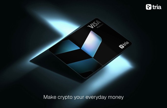 The image features a black Visa card with a blue design on it. The text on the card reads "I've been using the @useTria Card lately, and here's my honest take → No need to move funds from my wallet → Works with over 1000 crypto assets → Cashback comes in stablecoins → Spending feels instant, not web3 complicated". This message encourages users to consider using a cryptocurrency like the one on their card.