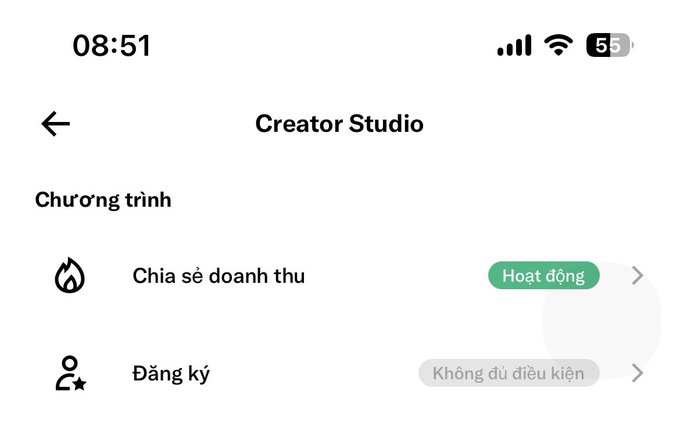 A Vietnamese Creator Studio screen with 'Chia sẻ doanh thu' marked as 'Hoạt động' (Active) and 'Đăng ký' marked as 'Không đủ điều kiện' (Not eligible).
