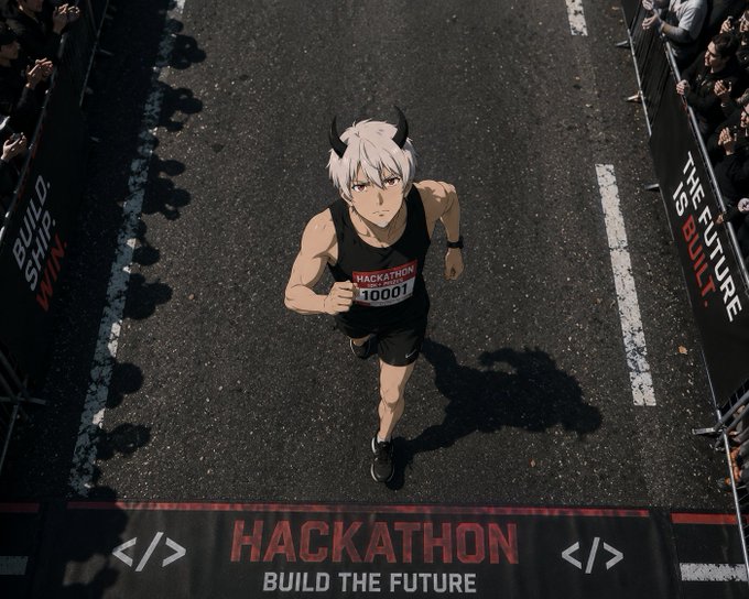 An anime-style character with white hair, horns, and a 'HACKATHON 10001' bib runs through a finish line that reads 'HACKATHON BUILD THE FUTURE', flanked by banners stating 'BUILD. SHIP. WIN.' and 'THE FUTURE IS BUILT.'