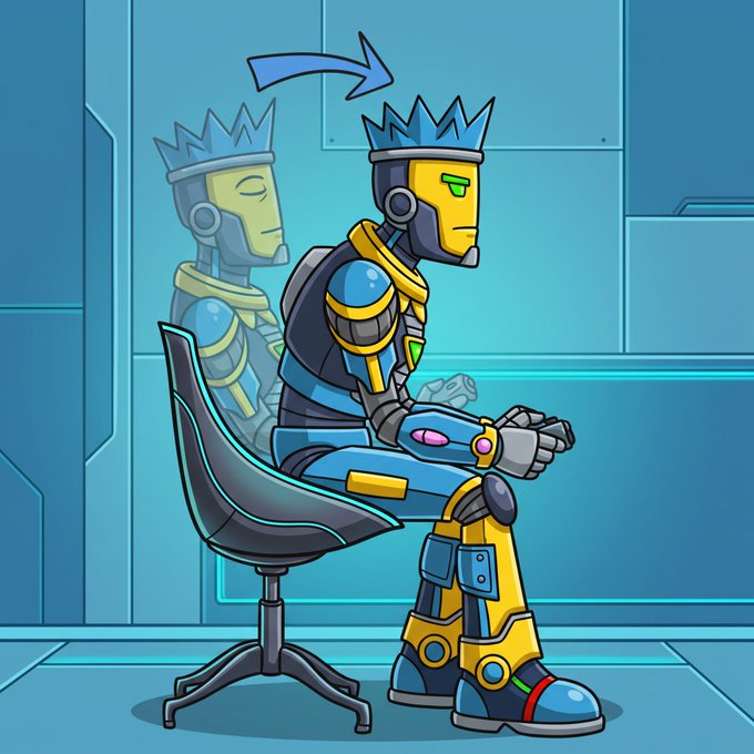 A cartoon robot king wearing a blue crown sits on a chair, with an arrow pointing from a fainter ghost-like version of himself to the solid one.