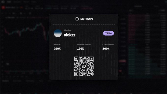 Digital membership card for iQ Entropy showing user 'alekzz' at Tier 4 with 200% rebate, 100% referral bonus, 100% commission, and a QR code, displayed over a dark trading chart background.
