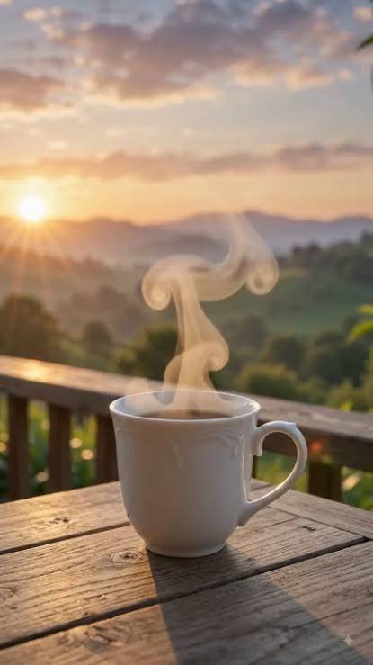 A steaming cup of coffee or tea sitting on a wooden table with a scenic sunset over mountains in the background.