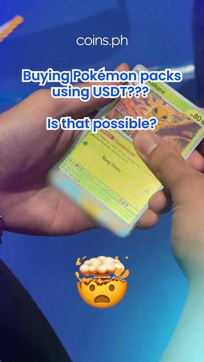 The image shows a person holding up a Pokémon card that has been turned into a USDT (United States dollar). The text above the card reads "Buying Pokemon packs using USDT? Is that possible?" This suggests that someone might be trying to sell or trade Pokémon cards for USDT, and they are asking if it is possible.