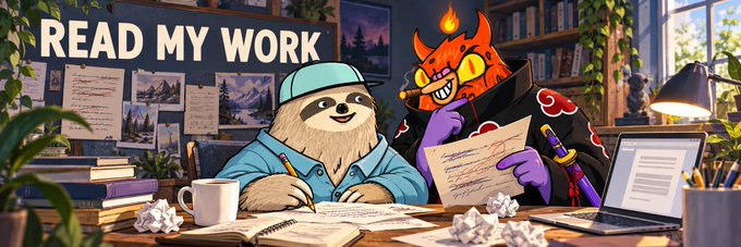 A cartoon illustration shows a sloth in a blue cap writing in a notebook alongside a red demon character, with the banner text 'READ MY WORK' displayed above them.
