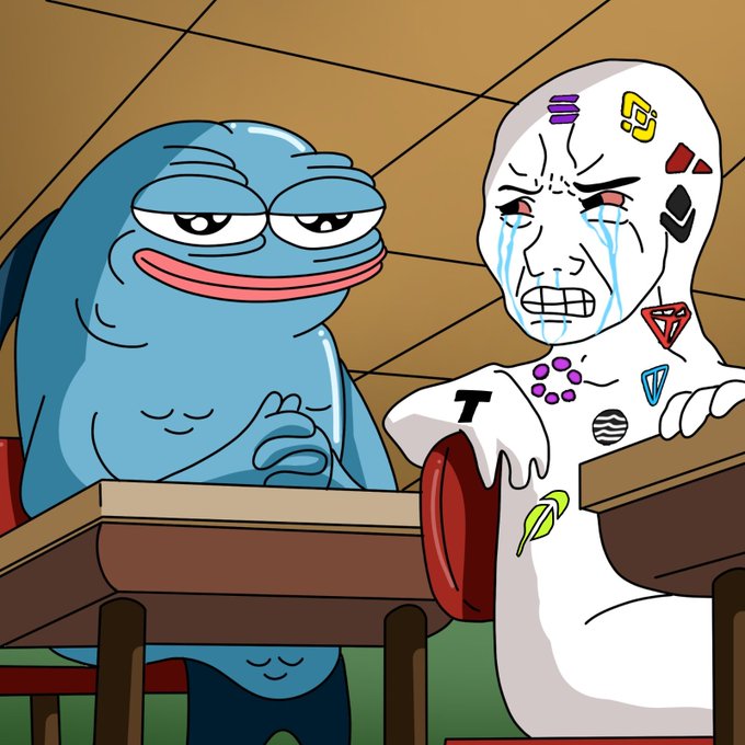 A Wojak-style meme showing a smug blue character next to a crying Wojak covered in corporate and political logos sitting at school desks.