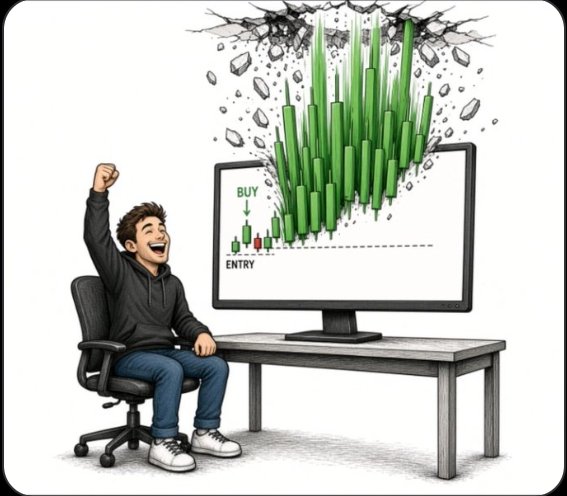 A cartoon illustration of a young man cheering at a computer monitor showing a stock chart with 'BUY' and 'ENTRY' signals, with green candles bursting dramatically through the top of the screen.