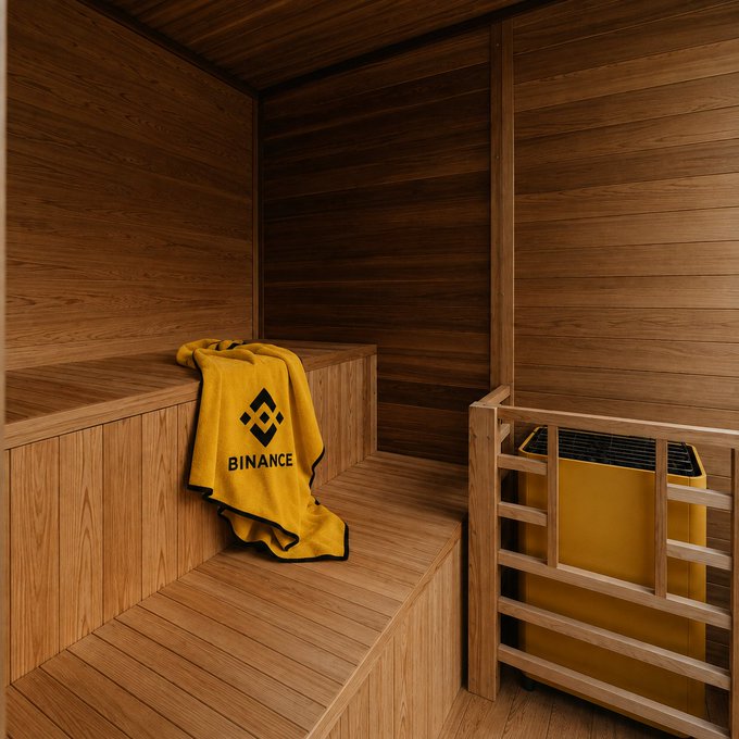 A cozy wooden sauna interior featuring a yellow Binance-branded towel draped over a bench, with a matching yellow sauna heater enclosed in a wooden railing on the right. The "gm Sunday" post evokes a relaxed, wellness-focused weekend vibe, pairing leisurely self-care with the Binance logo for crypto community engagement.