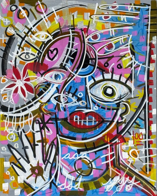 Vibrant abstract expressionist painting featuring fragmented faces in bold pinks, blues, yellows, and whites, with multiple eyes and stylized floral elements rendered in thick black outlines.