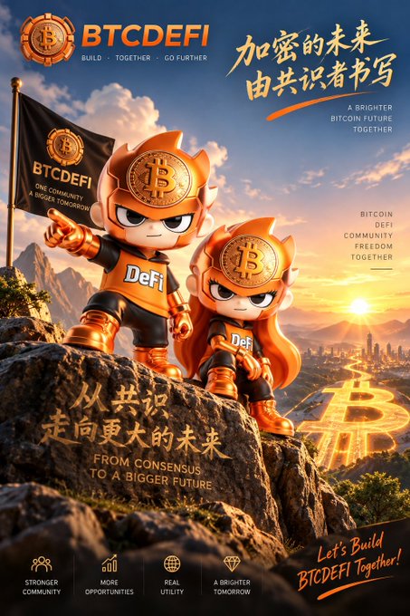 A promotional poster for BTCDEFI showing two cartoon characters in orange cryptocurrency-themed outfits standing on a rocky cliff with the text 'From Consensus to a Bigger Future' and Chinese characters about the future of encryption.