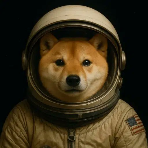 A Shiba Inu dog wearing an astronaut helmet and a tan spacesuit with an American flag patch is depicted in a vintage portrait style.